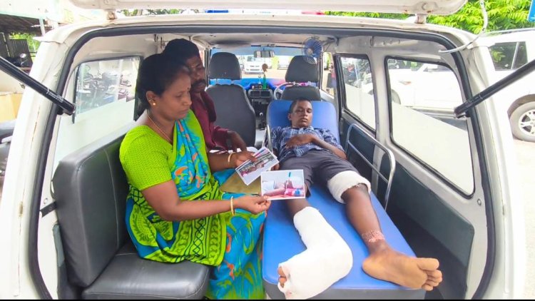 தாழ்வாக இருந்த உயர் மின்னழுத்த கம்பி: மின்சாரம் தாக்கி உயிருக்கு போராடும் மகனுக்கு நியாயம் கேட்டு ஆட்சியர் அலுவலகத்தில் பெற்றோர் கண்ணீர்